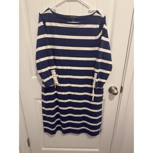 LRL Jeans Co Ralph Lauren Mid Shift Dress Large‎ Bottle Neck Navy&white Striped
